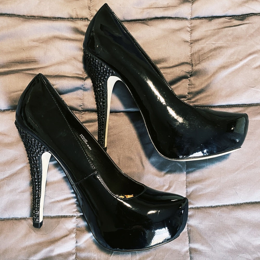 Black Platform Pumps with Rhinestones
